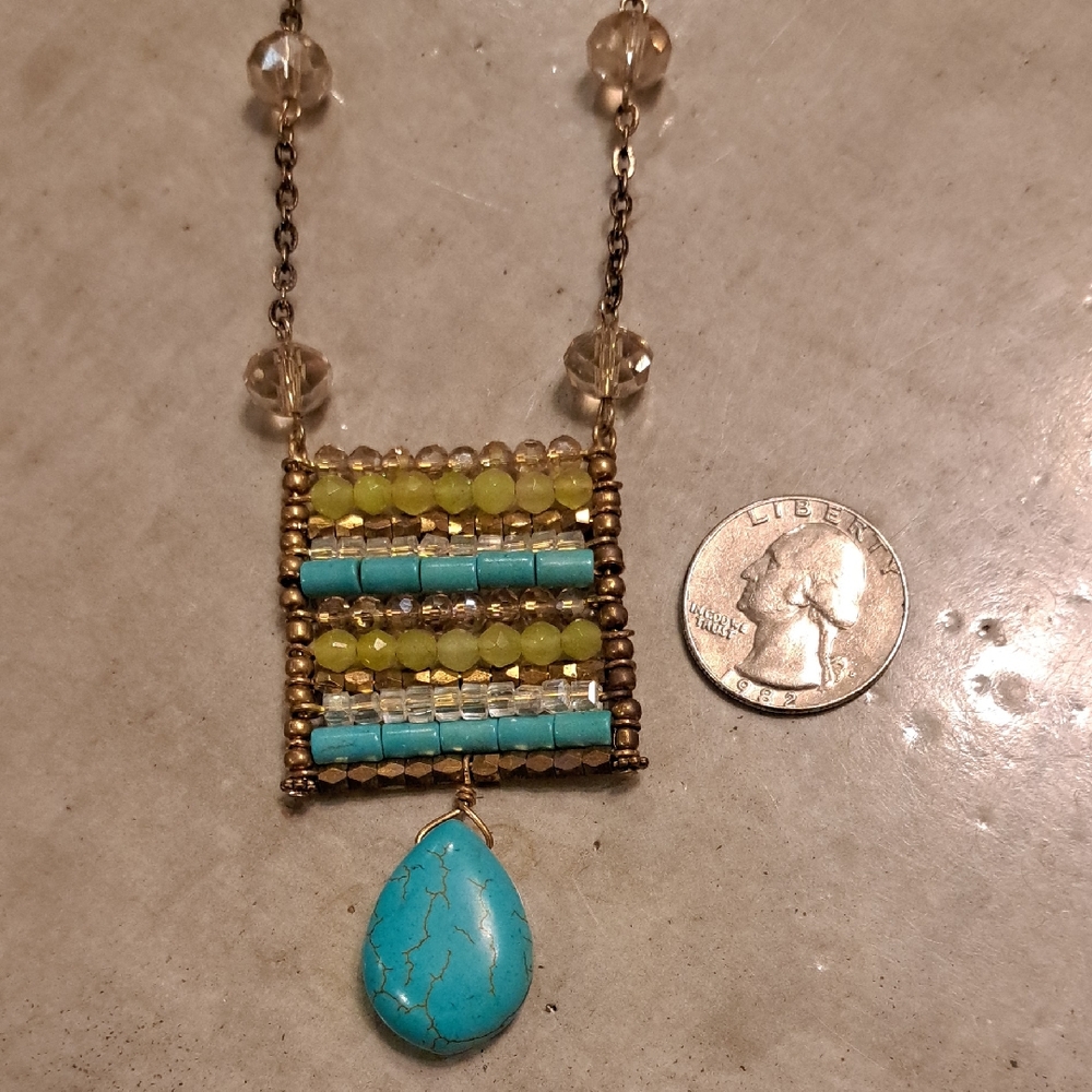 Nwt Gold And Turqoise Necklace Set. Glass Beads. Small Drop Ball Earrings.